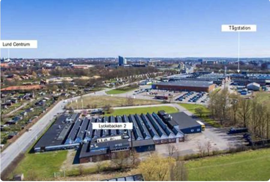 Flygfoto över Lyckebacken 2, Maskinvägen 3 i Lund.
